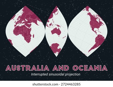 Australien und Ozeanien. Weltkarte. Unterbrochene sinusförmige Projektion zentriert auf Australien und Ozeanien. Pale Mint Dunkelrosa Palette. Vintage-Textur. Trendvektorgrafik.