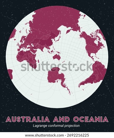Australia and Oceania. World map. Lagrange conformal projection centered to Australia and Oceania. Pale Mint Dark Pink palette. Vintage texture. Neat vector illustration.