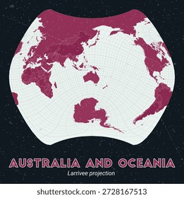 Austrália e Oceania. Mapa do mundo. Projeção de Larrive centrada na Austrália e Oceania. Paleta de menta pálida rosa escuro. Textura vintage. Ilustração de vetor elegante.