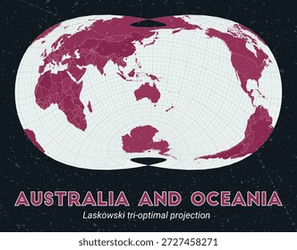 Australia and Oceania. World map. Laskowski tri-optimal projection centered to Australia and Oceania. Pale Mint Dark Pink palette. Vintage texture. Classic vector illustration.