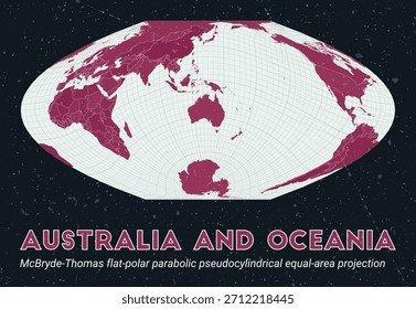 Australien und Ozeanien. Weltkarte. McBryde-Thomas flach-polare parabolische pseudozylindrische gleichflächige Projektion zentriert auf Australien und Ozeanien. Pale Mint Dunkelrosa Palette. Vintage-Textur.