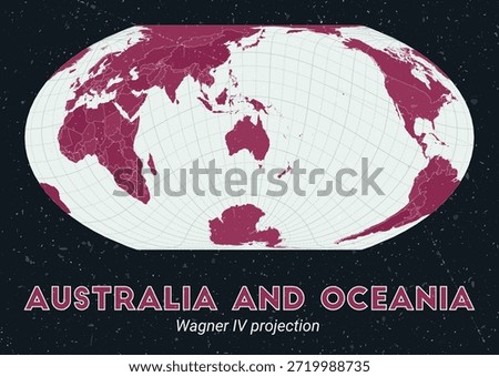 Australia and Oceania. World map. Wagner IV projection centered to Australia and Oceania. Pale Mint Dark Pink palette. Vintage texture. Trending vector illustration.