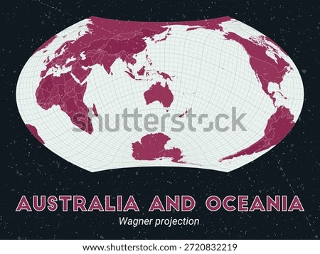 Australia and Oceania. World map. Wagner projection centered to Australia and Oceania. Pale Mint Dark Pink palette. Vintage texture. Vibrant vector illustration.