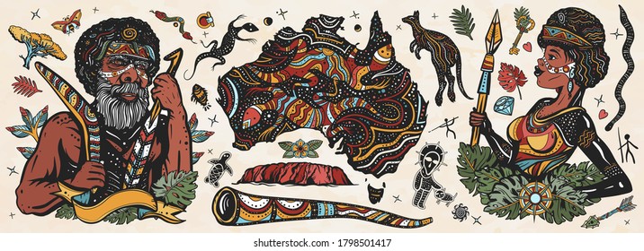 Australia. Old school tattoo vector collection. Ethnic Australian woman in traditional costume. Aboriginal tribes bushmen. Boomerang,  kangaroo, didgeridoo, map. Tradition, people, culture 