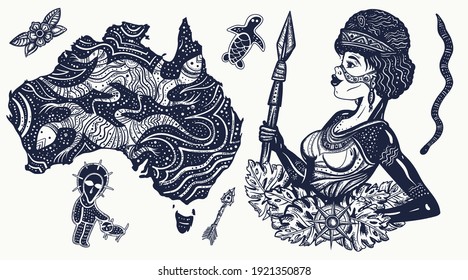 Australia. Old school tattoo vector collection. Ethnic Australian woman in traditional costume and map. Aboriginal tribes.Tradition, people, culture 