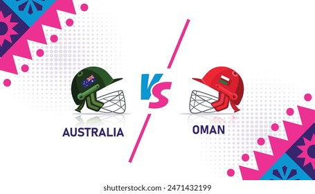 Australien und Oman treffen auf Illustration. AUS vs OM Vektorillustration für internationale Cricket-Spiele. OM gegen AUS. Vektorgrafik EPS-Format