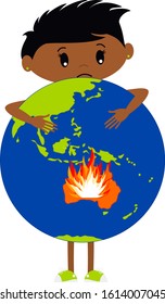 Australia on fire eco earth girl holding world