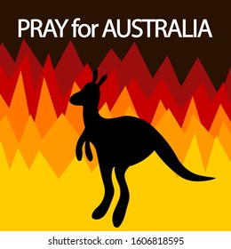 Australia is on fire. Pray for Australia and animals. Vector illustration with silhouette kangaroo and flame on black background.