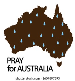 Australia is on fire. Pray for Australia. Vector illustration with flame on white background. Vector illustration with silhouette continent and rain. Help the forest.
