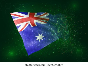 Australia, on vector 3d flag on green background with polygons and data numbers