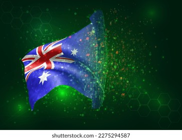Australia, on vector 3d flag on green background with polygons and data numbers