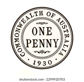 Australien One Penny Coin. Vektorgrafik. Schwarz-Weiß.