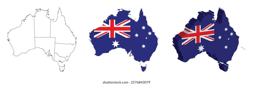 Australia outline, fill with flag and 3d map