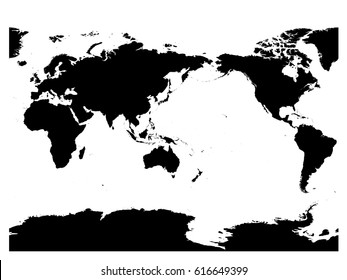 Australia and Pacific Ocean centered world map. High detail black silhouette on white background. Vector illustration.