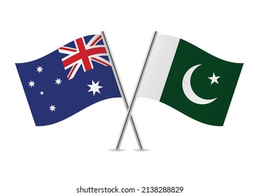 Australia and Pakistan crossed flags. Australian and Pakistani flags, isolated on white background. Vector icon set. Vector illustration. 