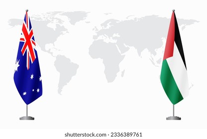 Australia and Palestine flags for official meeting against background of world map.