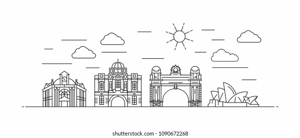 Australia panorama. Australia vector illustration in outline style with buildings and city architecture. Welcome to Australia.