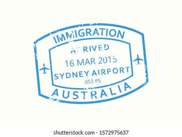 Australia passport stamp. Visa stamp for travel. Sydney international airport grunge sign. Immigration, arrival and departure symbol. Vector illustration.