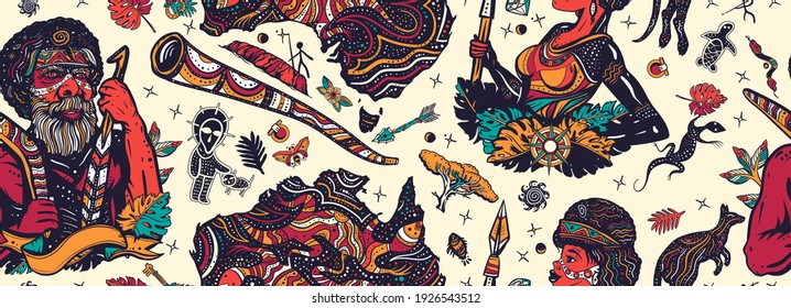 Australia pattern. Boomerang, rock painting, kangaroo, didgeridoo, map. Old school tattoo seamless background. Ethnic Australian woman in traditional costume. Aboriginal tribes bushmen 