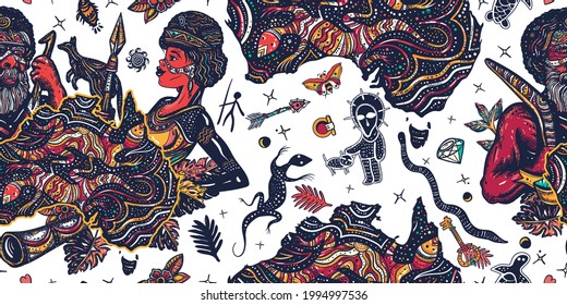 Australia pattern. Ethnic Australian woman in traditional costume. Aboriginal tribes bushmen. Boomerang, rock painting, kangaroo, didgeridoo, map. Old school tattoo seamless background