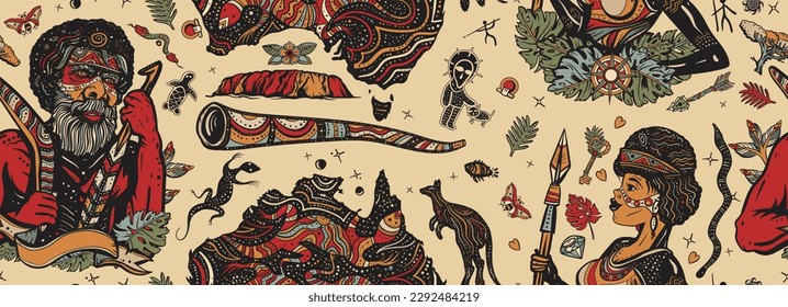 Patrón de Australia. Ancianos tatuajes sin costura. Mujer de etnia australiana con traje tradicional. Matrimonios de tribus aborígenes. Boomerang, pintura de rock, canguro, didgeridoo, mapa