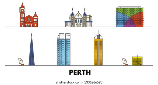 Australia, Perth flat landmarks vector illustration. Australia, Perth line city with famous travel sights, skyline, design. 