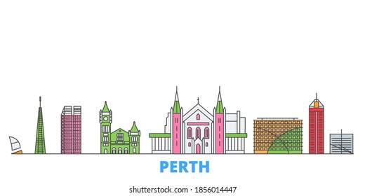 Australia, Perth line cityscape, vector plano. Punto de referencia de la ciudad de viajes, ilustración de oultine, íconos del mundo de la línea