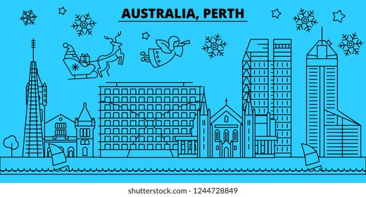 Australia, Perth winter holidays skyline. Merry Christmas, Happy New Year decorated banner with Santa Claus.Flat, outline vector.Australia, Perth linear christmas city illustration