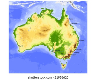 Australia. Physical vector map, colored according to elevation, with rivers and selected cities. 59 layers, fully editable. Data source: NASA