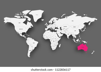 Australia pink highlighted in map of World. Light grey simplified map with dropped shadow on dark grey background. Vector illustration.