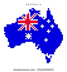 Australia pixel flag map icon. 8 bit pixel art Australian map covered with flag. Flat vector illustration isolated on white background.