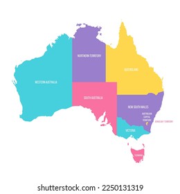 Australia political map of administrative divisions - states and teritorries. Colorful vector map with labels.