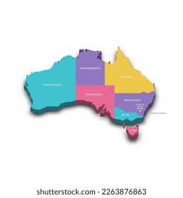 Mapa político australiano de divisiones administrativas - estados y territorios. Mapa vectorial 3D colorido con sombra caída y etiquetas de nombre de país.