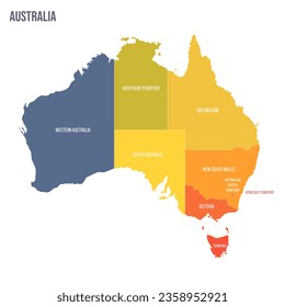 Australia political map of administrative divisions - states and teritorries. Colorful spectrum political map with labels and country name.