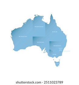 Austrália mapa político de divisões administrativas - estados e territórios. Mapa de vetor sombreado com gradiente azul semelhante a 3D e rótulos de nome