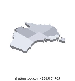 Australia political map of administrative divisions - states and teritorries. 3D isometric blank vector map in shades of grey.