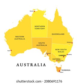 Australia, mapa político, con la capital Canberra, estados administrativos y territorios. El Commonwealth de Australia, un país y un continente soberanos. Ilustración sobre fondo blanco. Vector.