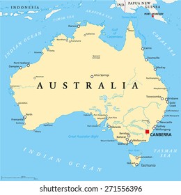 Australia Political Map with capital Canberra, national borders, important cities, rivers and lakes. English labeling and scaling. Illustration. svg