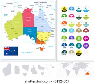 Australia Political Map and Flat Icon Set. All elements are separated in editable layers clearly labeled.