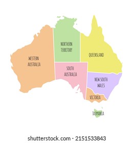 Australia political map with region names. Low detailed. Solid simple style. Pastel colours. Vector editable