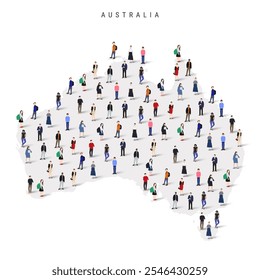 Mapa de la población de Australia. Grande grupo realista de una multitud diversa de personas figura en una forma de mapa australiano. Ilustración vectorial plana aislada en blanco.