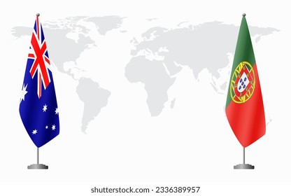 Australia and Portugal flags for official meeting against background of world map.