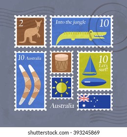 Australia Postage : Tourist Attraction in Postage Stamps Template : Vector Illustration