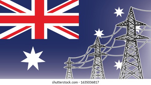 Australia power supply lines vector concept - 3 electric high voltage poles on the flag background in colors  blue, red, white