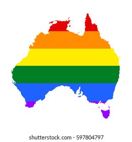 Australia pride gay map rainbow flag colors vector illustration isolated. Gay flag over map of Australia lgbt. Rainbow flag. 