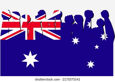 Bandera de la protesta en Australia con las manos levantadas, vector de la protesta, logo de la bandera del país, concepto de protesta en Australia, diseño plano, contra la idea