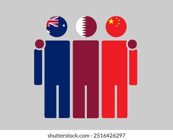 Australia, Qatar, and China National Flags With Embracing Body. Vector Illustration. Isolated background.