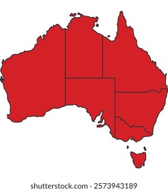 Australia red map with border of regions outline vector