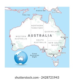 Australia region map, with capital Canberra