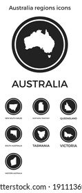 Australia regions icons. Black round logos with country regions maps and titles. Vector illustration.